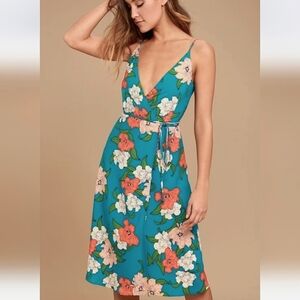 Lulus Teal Blue Floral Print Wrap Dress